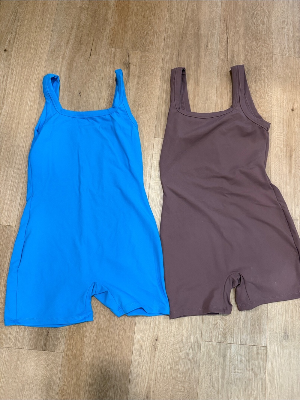 Square Neck Sleeveless Bodysuit Romper in Bright Blue and Purple/Brown Nutmeg